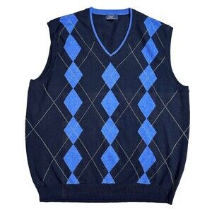 Brooks Brothers 346 100% Merino Wool Navy Blue Argyle V-Neck Sweater Vest XL EUC